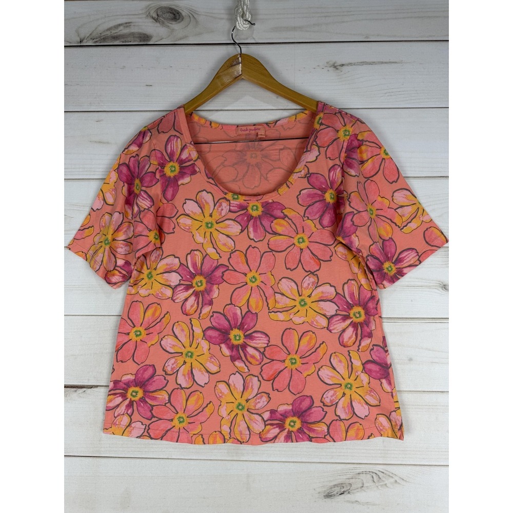 Fresh Produce Shirt Womens Large Pink Floral Scoop Neck Short Sleeve Made USA